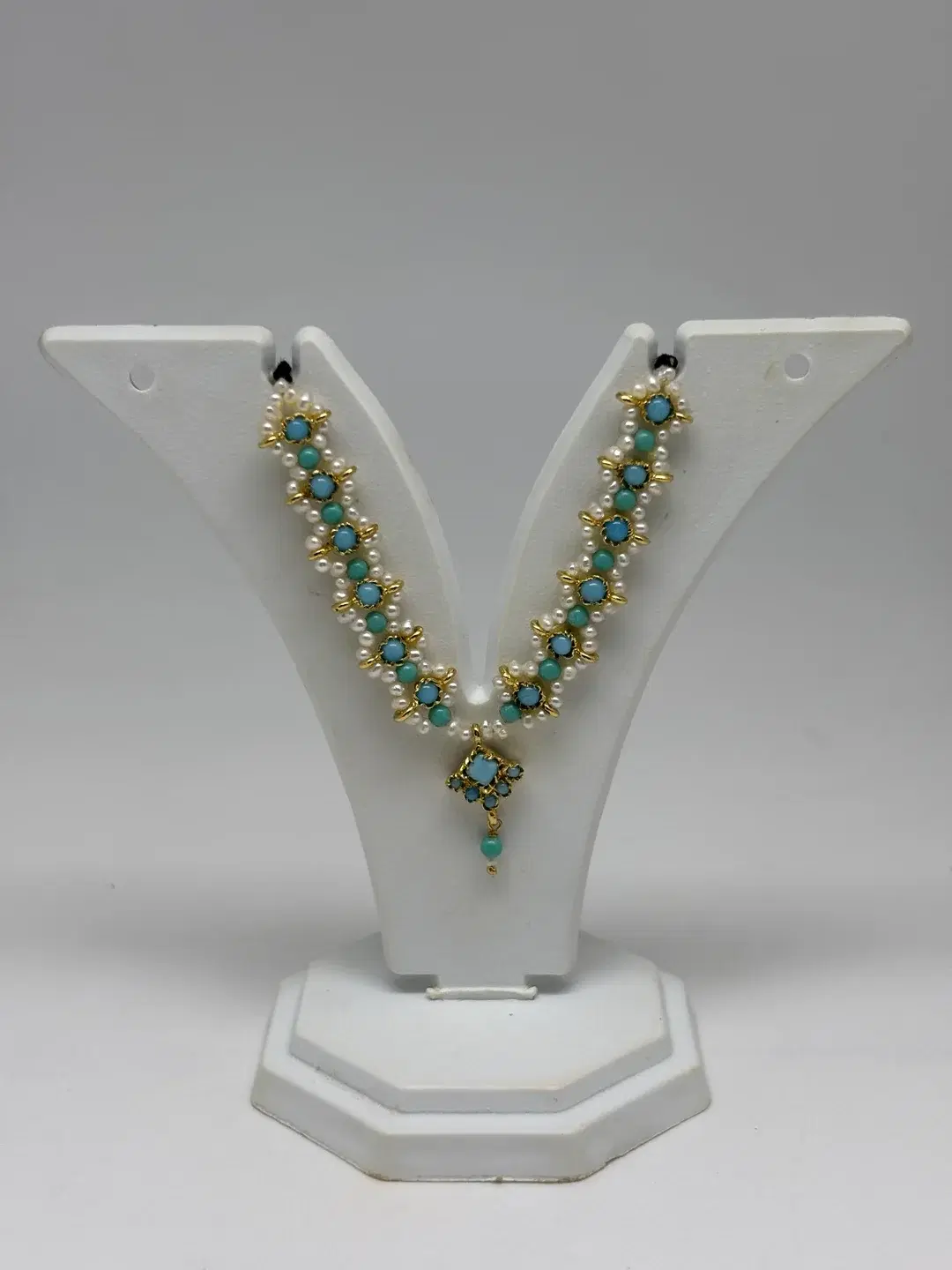 Pearl and turquoise cabochon cluster garland haar with silver padak pendant for Laddu Gopal