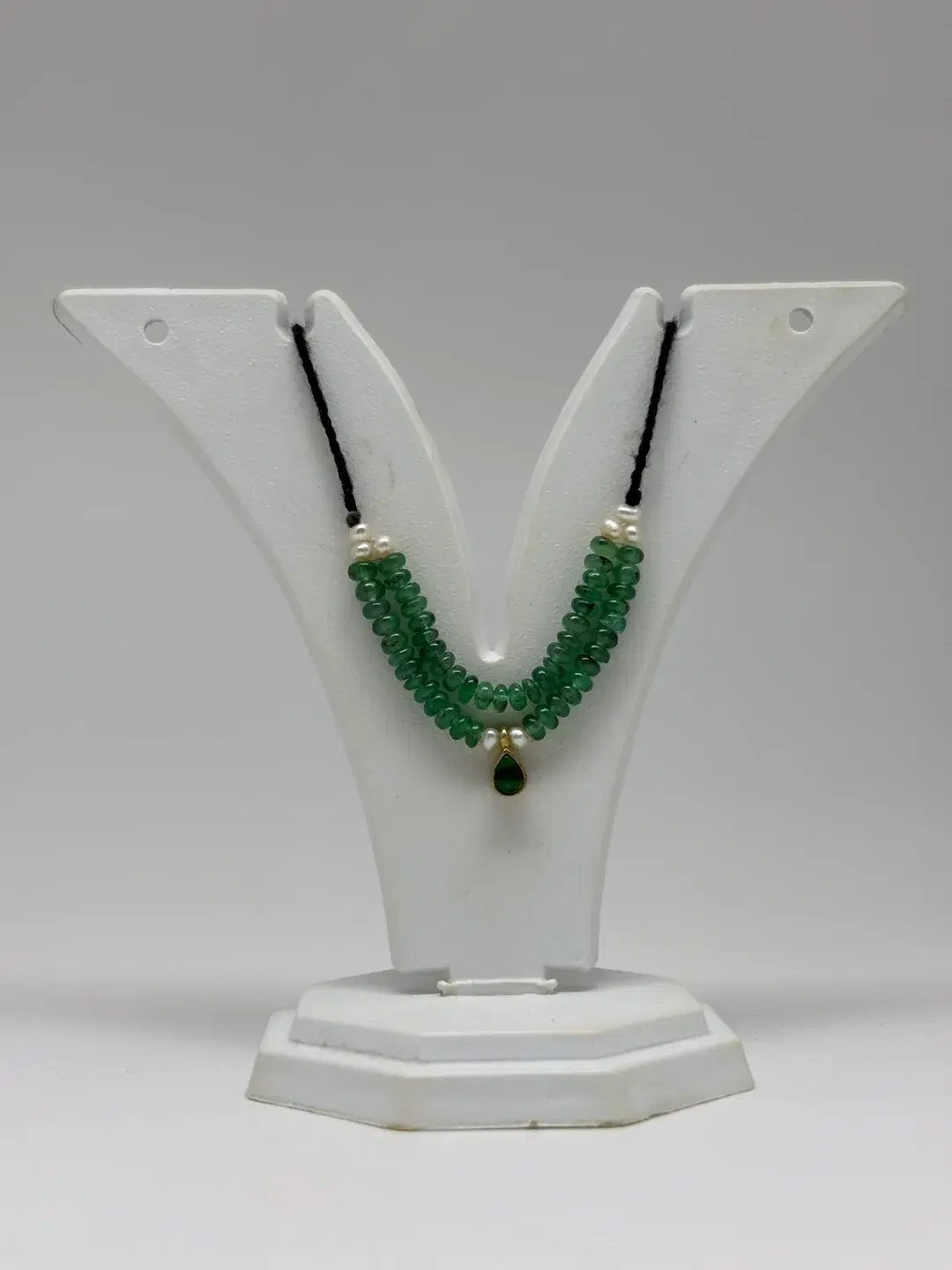 Two-string natural emerald bead dulhari mala with freshwater pearl accents and kundan pendant for Laddu Gopal